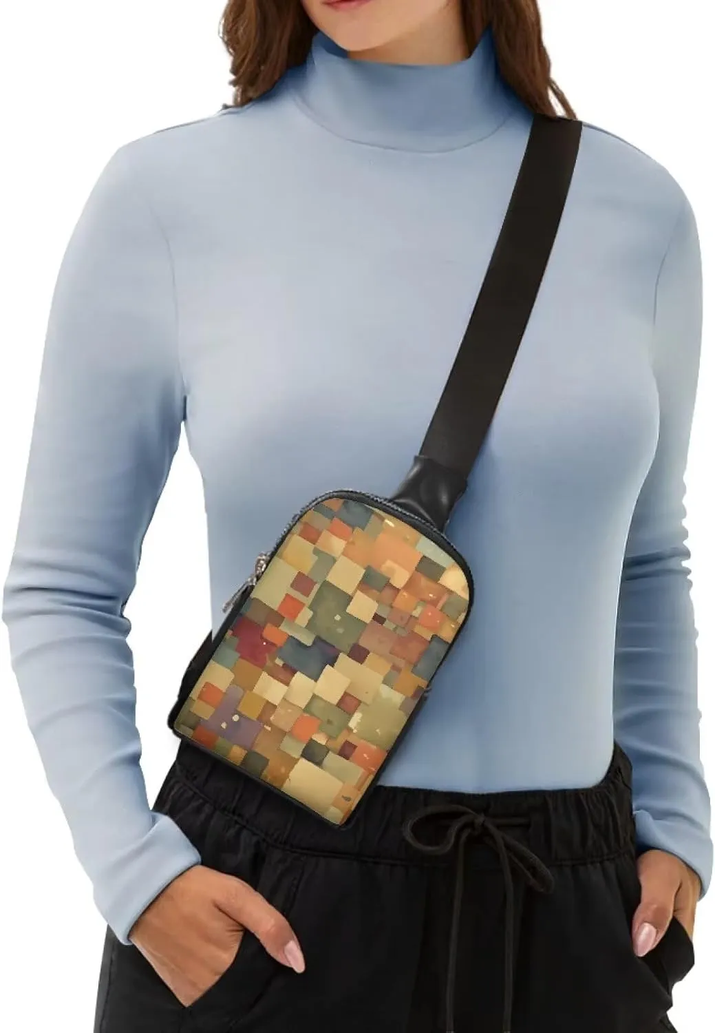 Abstract Color Block Sling Bag for Women Crossbody Bag Large Fanny Waist Pack, Fine Art PU Leather Cross Body Travel Purse Over Shoulder Bag