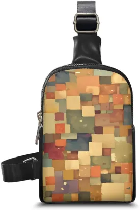 Abstract Color Block Sling Bag for Women Crossbody Bag Large Fanny Waist Pack, Fine Art PU Leather Cross Body Travel Purse Over Shoulder Bag