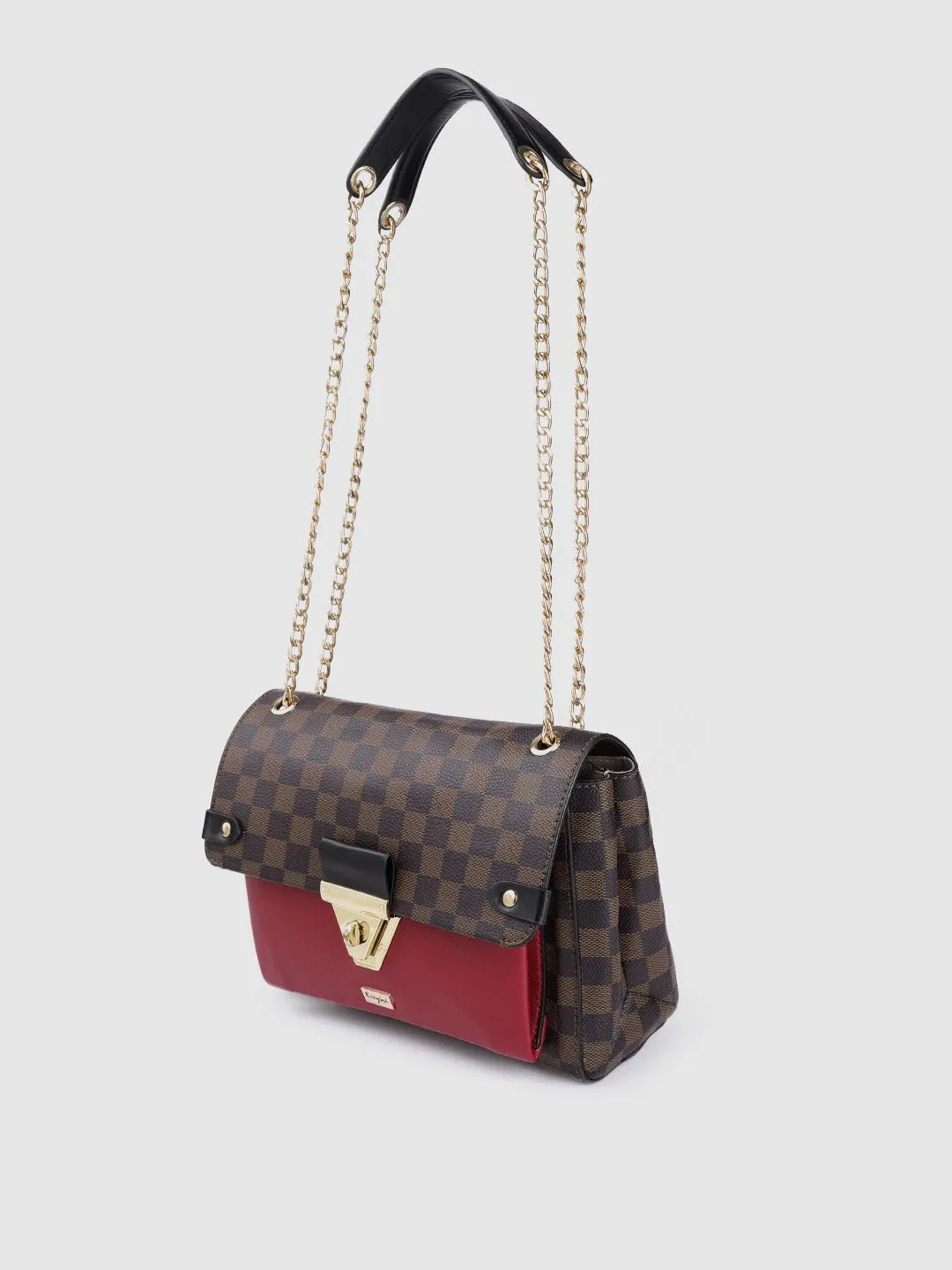 Berrylush Women Brown Checked Pattern PU Front Twist-Up Miniature Regular Sling Bag
