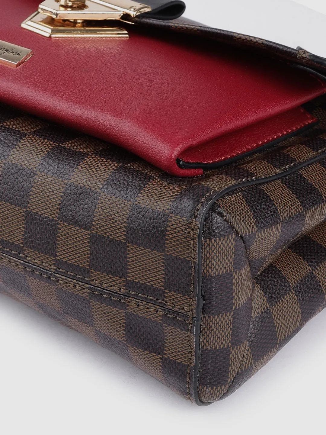 Berrylush Women Brown Checked Pattern PU Front Twist-Up Miniature Regular Sling Bag