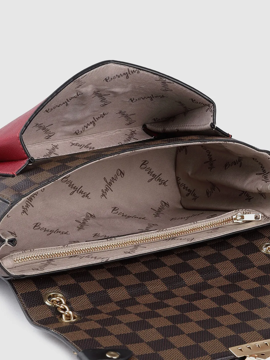 Berrylush Women Brown Checked Pattern PU Front Twist-Up Miniature Regular Sling Bag