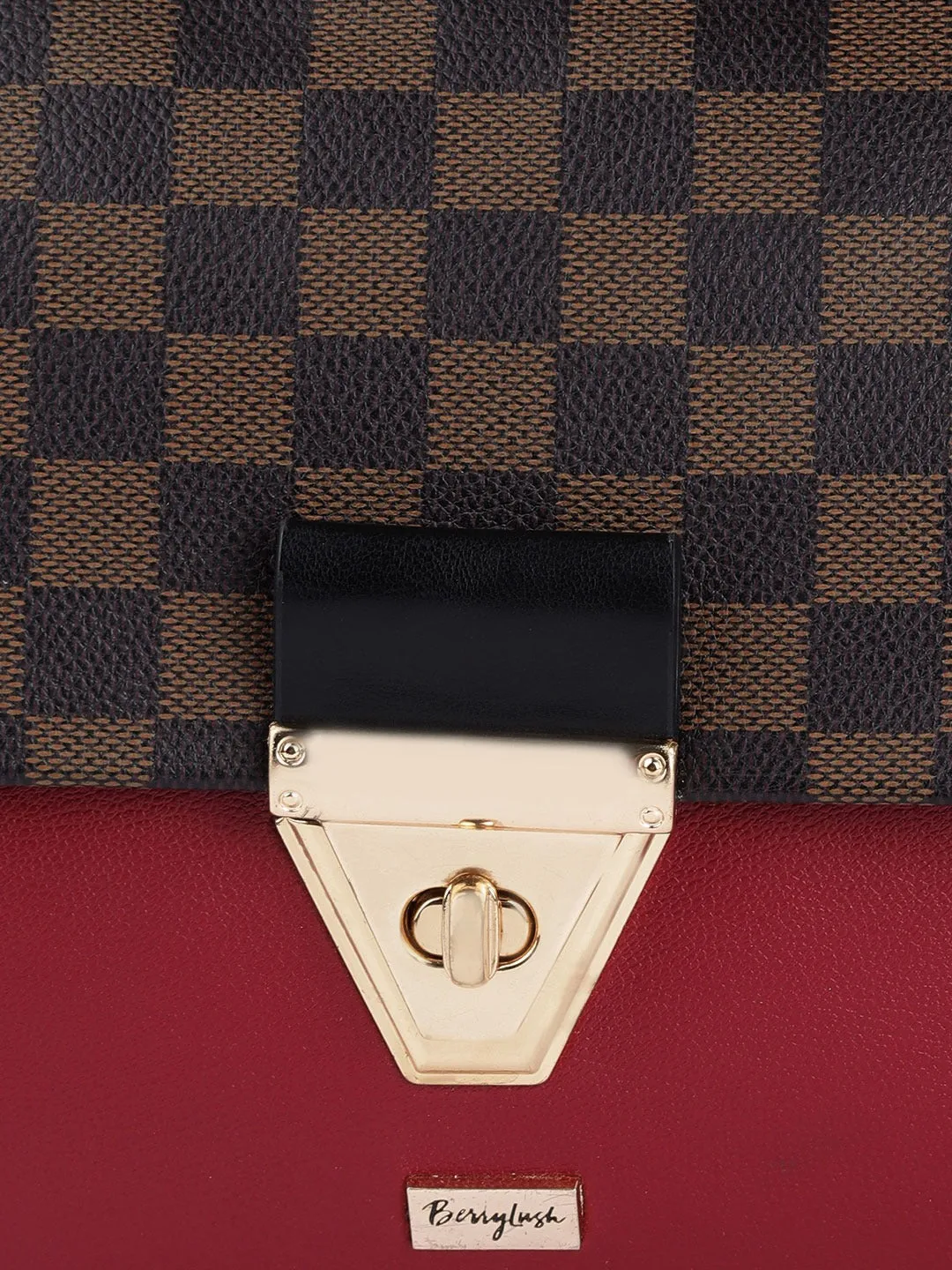Berrylush Women Brown Checked Pattern PU Front Twist-Up Miniature Regular Sling Bag