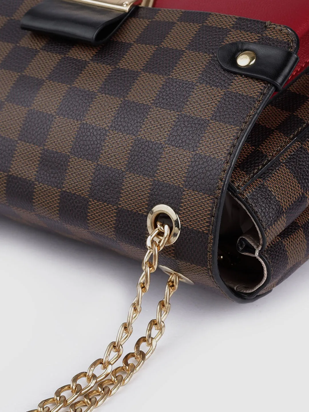 Berrylush Women Brown Checked Pattern PU Front Twist-Up Miniature Regular Sling Bag