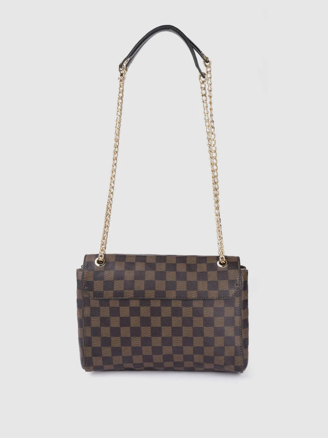 Berrylush Women Brown Checked Pattern PU Front Twist-Up Miniature Regular Sling Bag