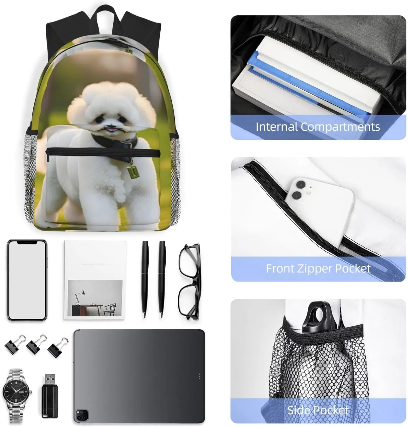 Bichon Frise Dog On The Grass Print Backpack For Women Men, Laptop Bookbag,Lightweight Casual Travel Daypack