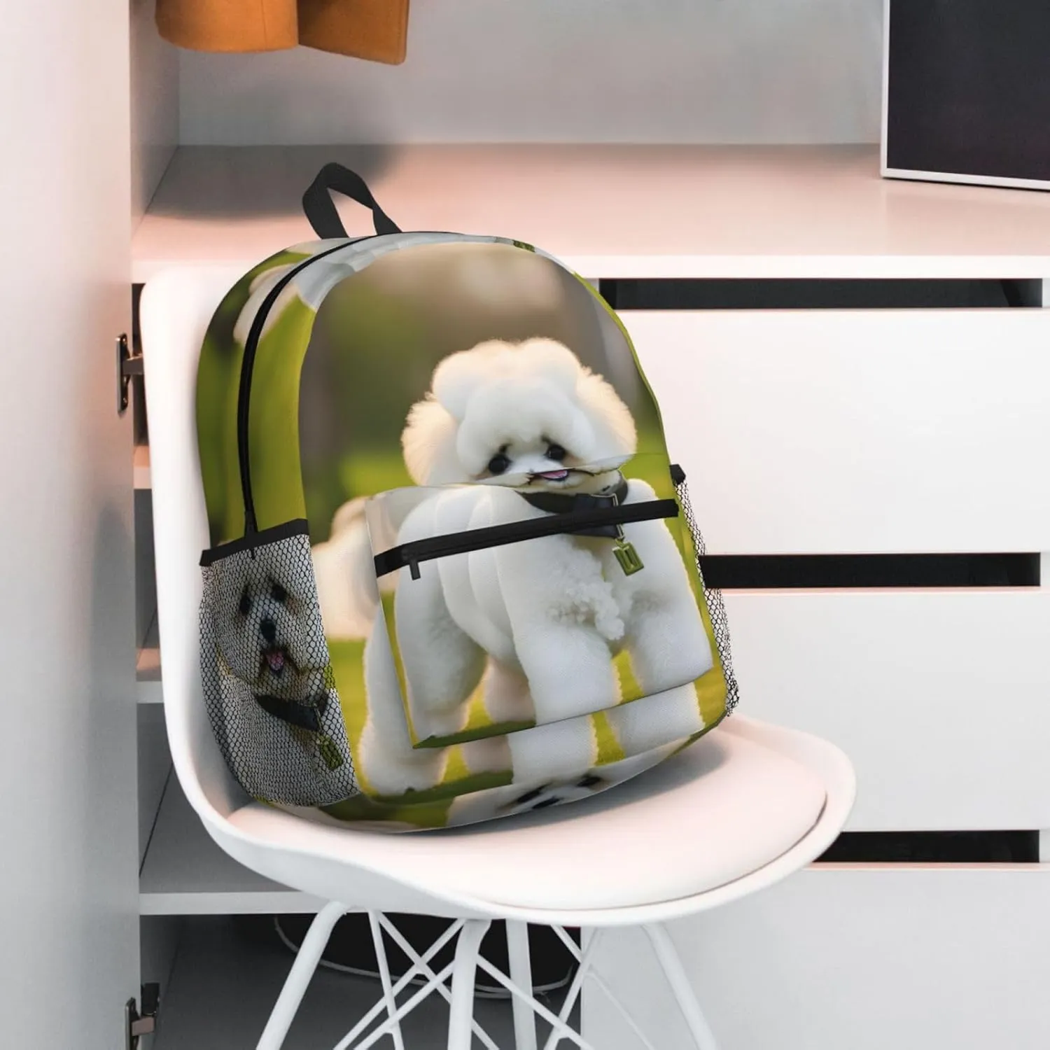 Bichon Frise Dog On The Grass Print Backpack For Women Men, Laptop Bookbag,Lightweight Casual Travel Daypack