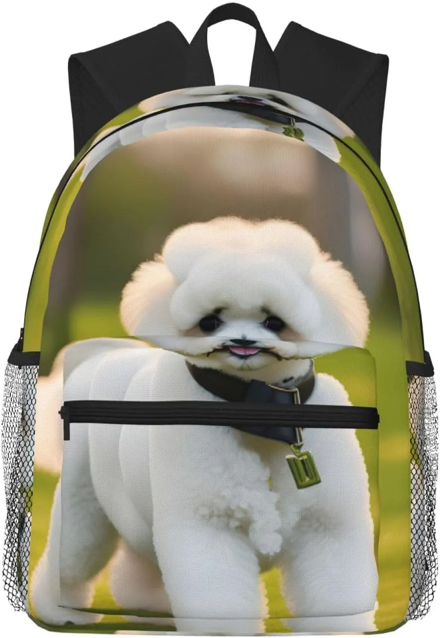 Bichon Frise Dog On The Grass Print Backpack For Women Men, Laptop Bookbag,Lightweight Casual Travel Daypack