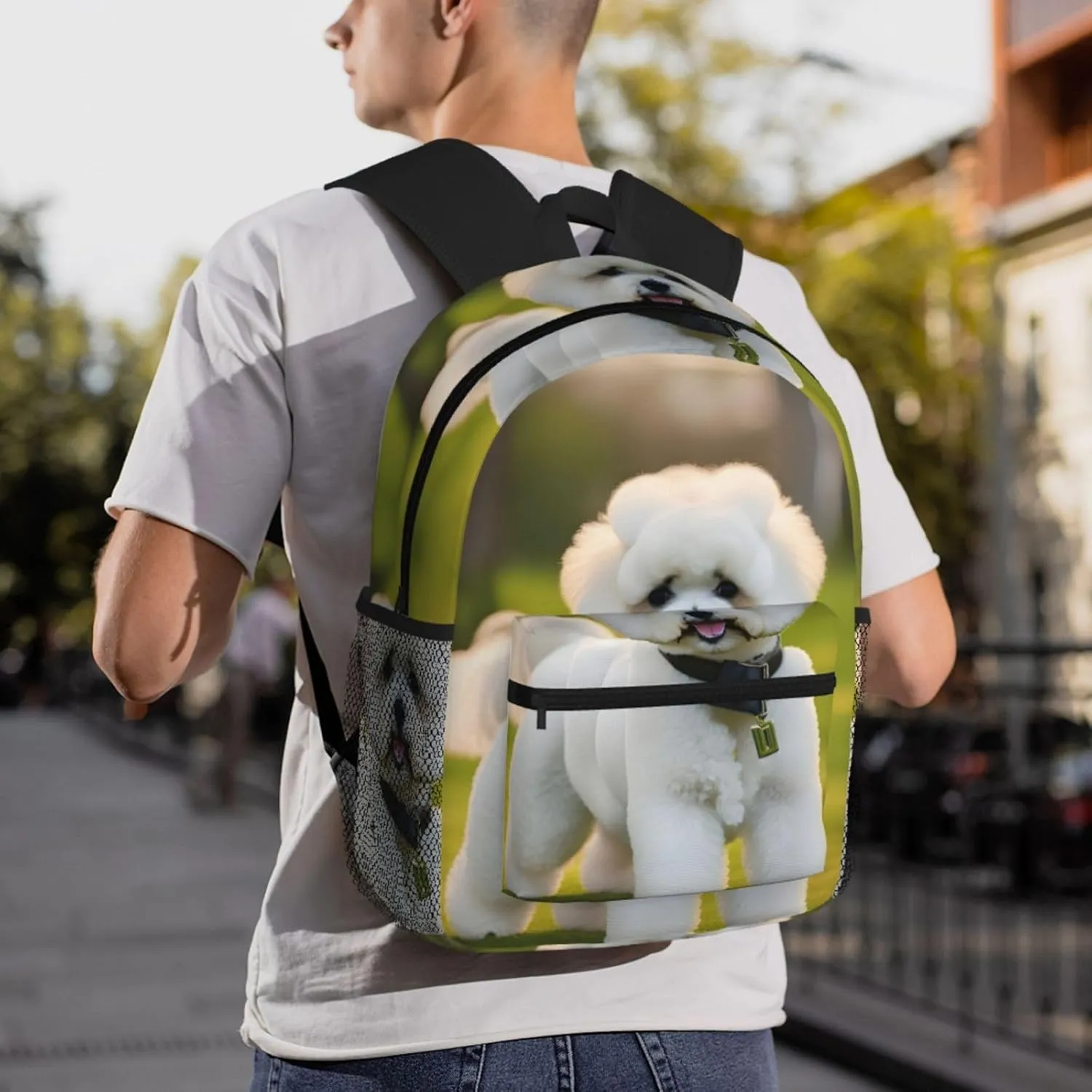 Bichon Frise Dog On The Grass Print Backpack For Women Men, Laptop Bookbag,Lightweight Casual Travel Daypack