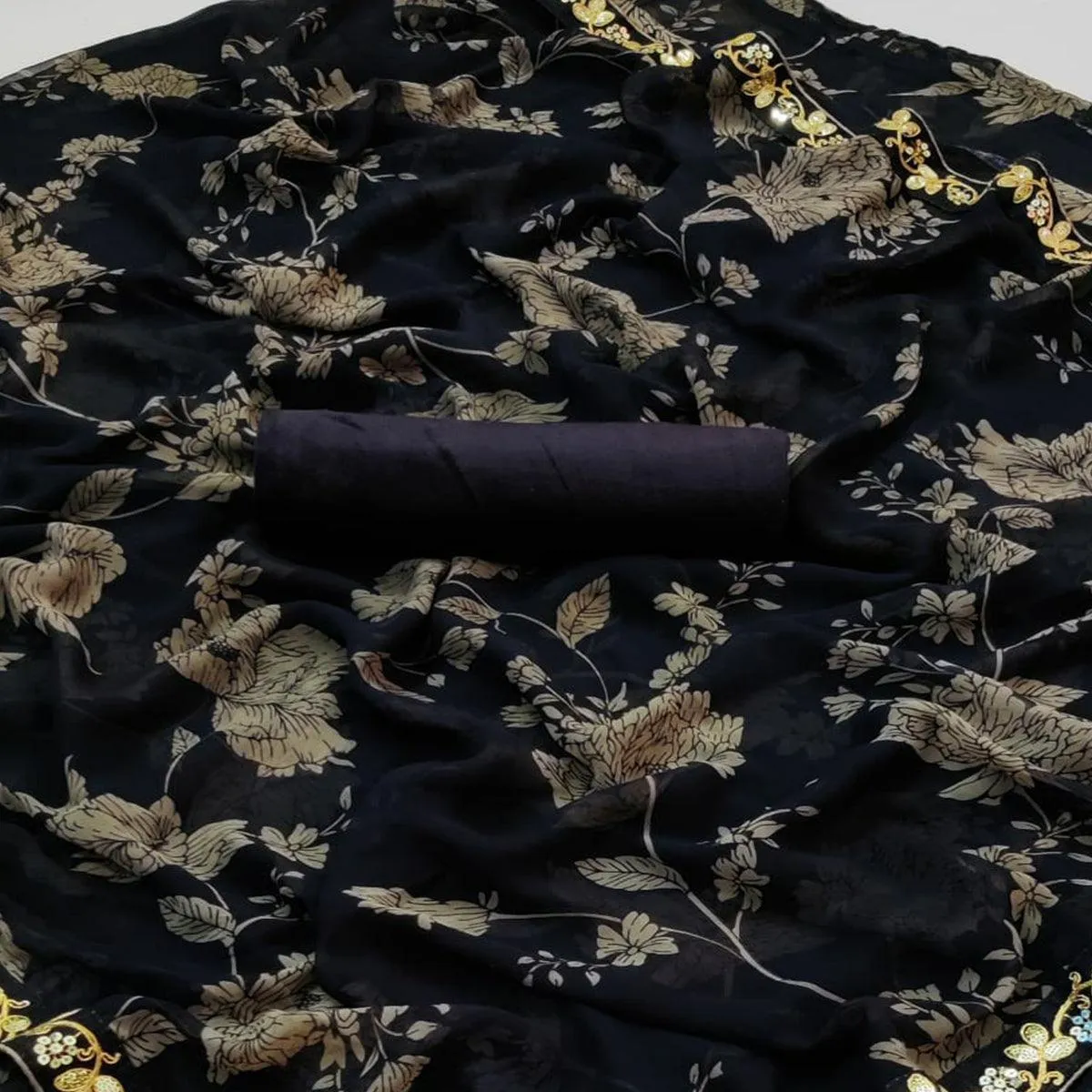 Black Casual Wear Embroidered Georgette Saree