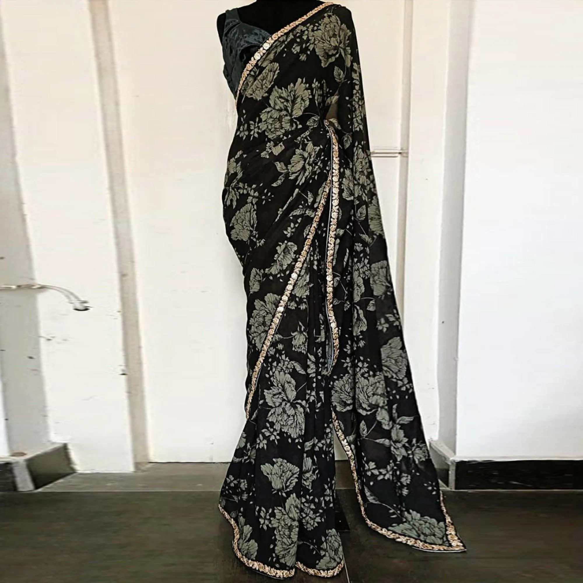 Black Casual Wear Embroidered Georgette Saree