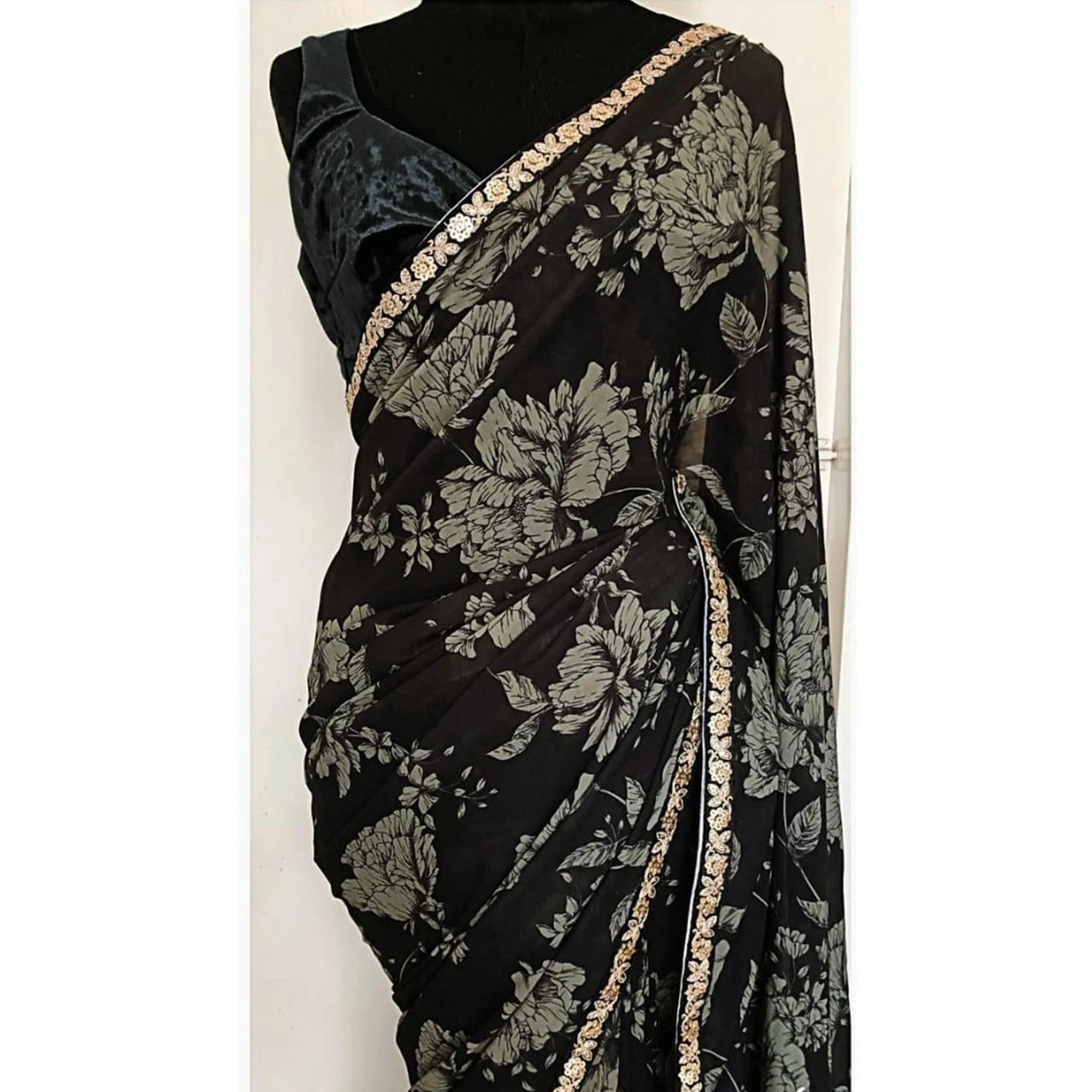 Black Casual Wear Embroidered Georgette Saree