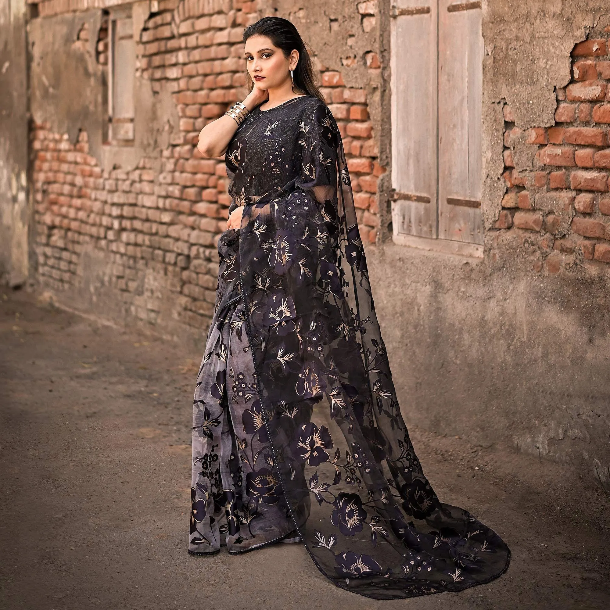 Black Partywear Piping Stone Velvet Zari Organza Saree