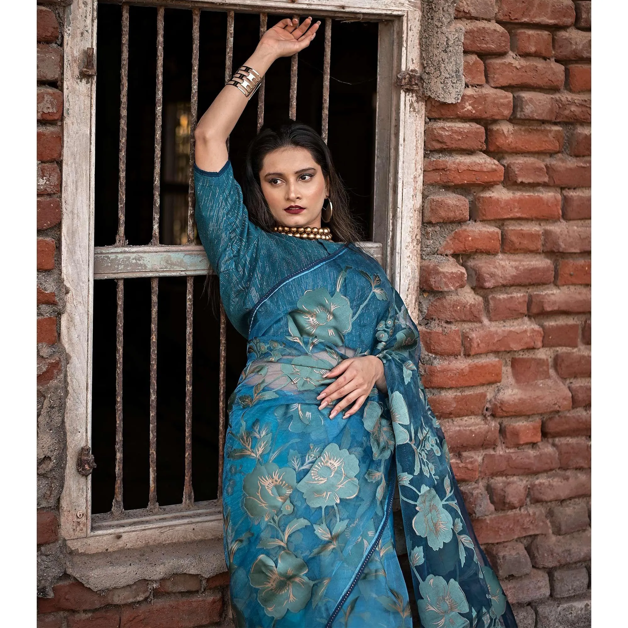 Blue Partywear Piping Stone Velvet Zari Organza Saree