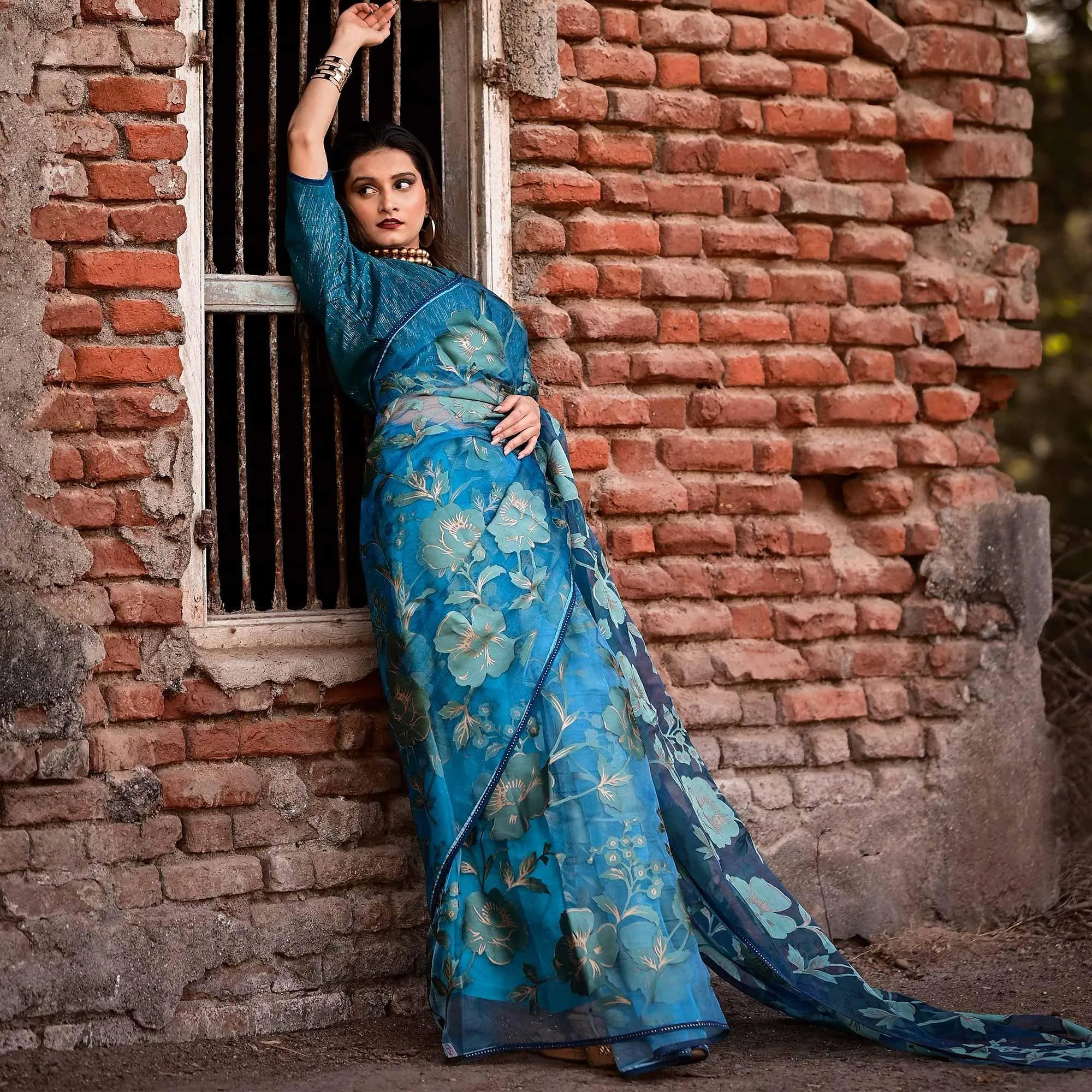 Blue Partywear Piping Stone Velvet Zari Organza Saree