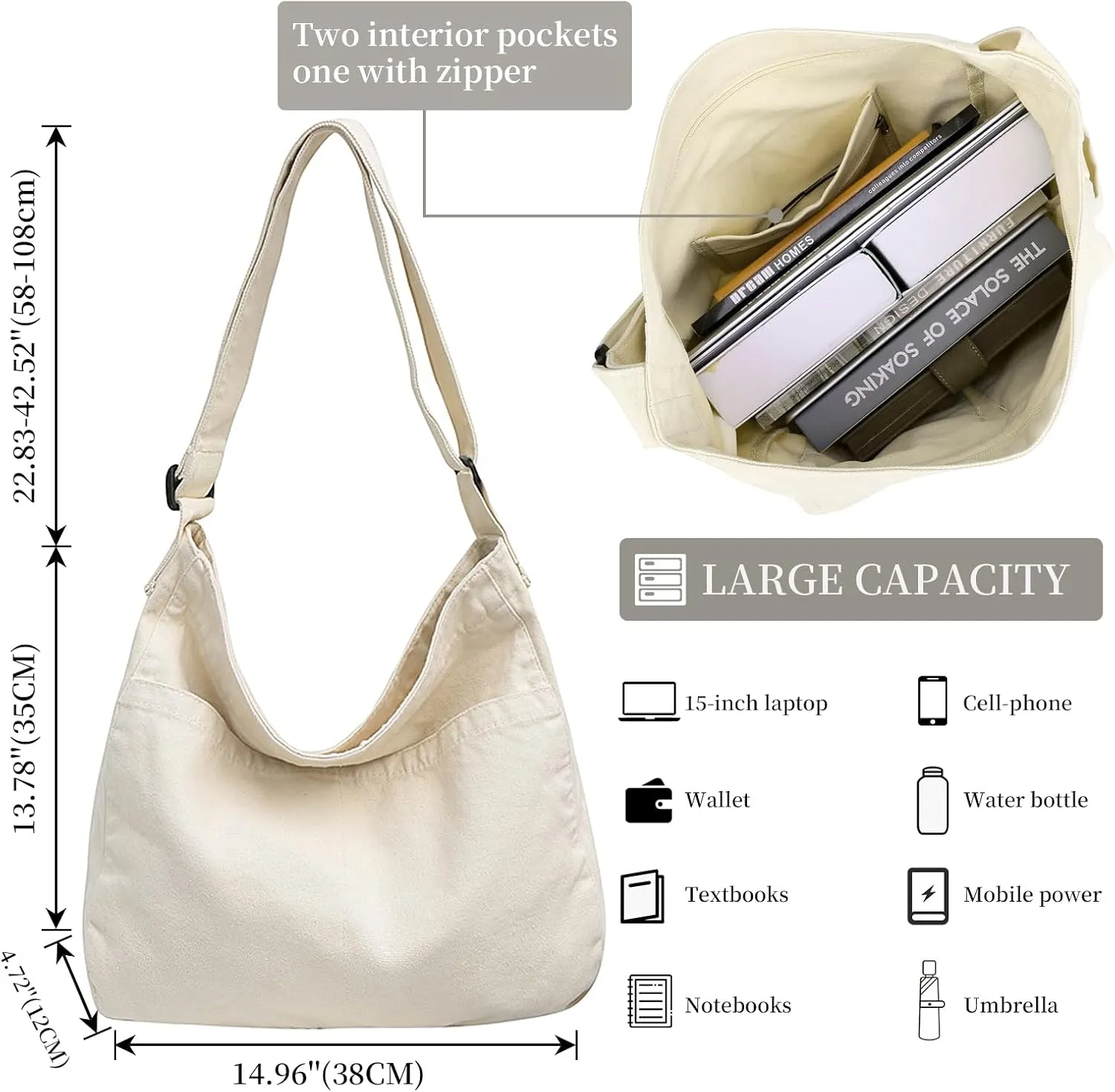 Canvas Tote Bag Large Crossbody Hobo Bag for Women and Men Messenger Bags Shoulder Handbag Casual Purse Travel Work