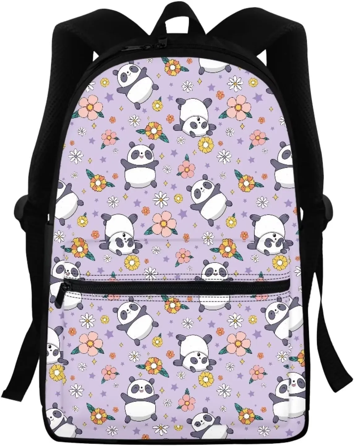 Cute Panda Backpack for Girls Purple Flowers Backpack with Front Pocket Preschool Elementary School Student Bookbag for Children Portable New Backpack for Teens Back to School Gifts