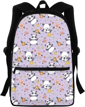 Cute Panda Backpack for Girls Purple Flowers Backpack with Front Pocket Preschool Elementary School Student Bookbag for Children Portable New Backpack for Teens Back to School Gifts