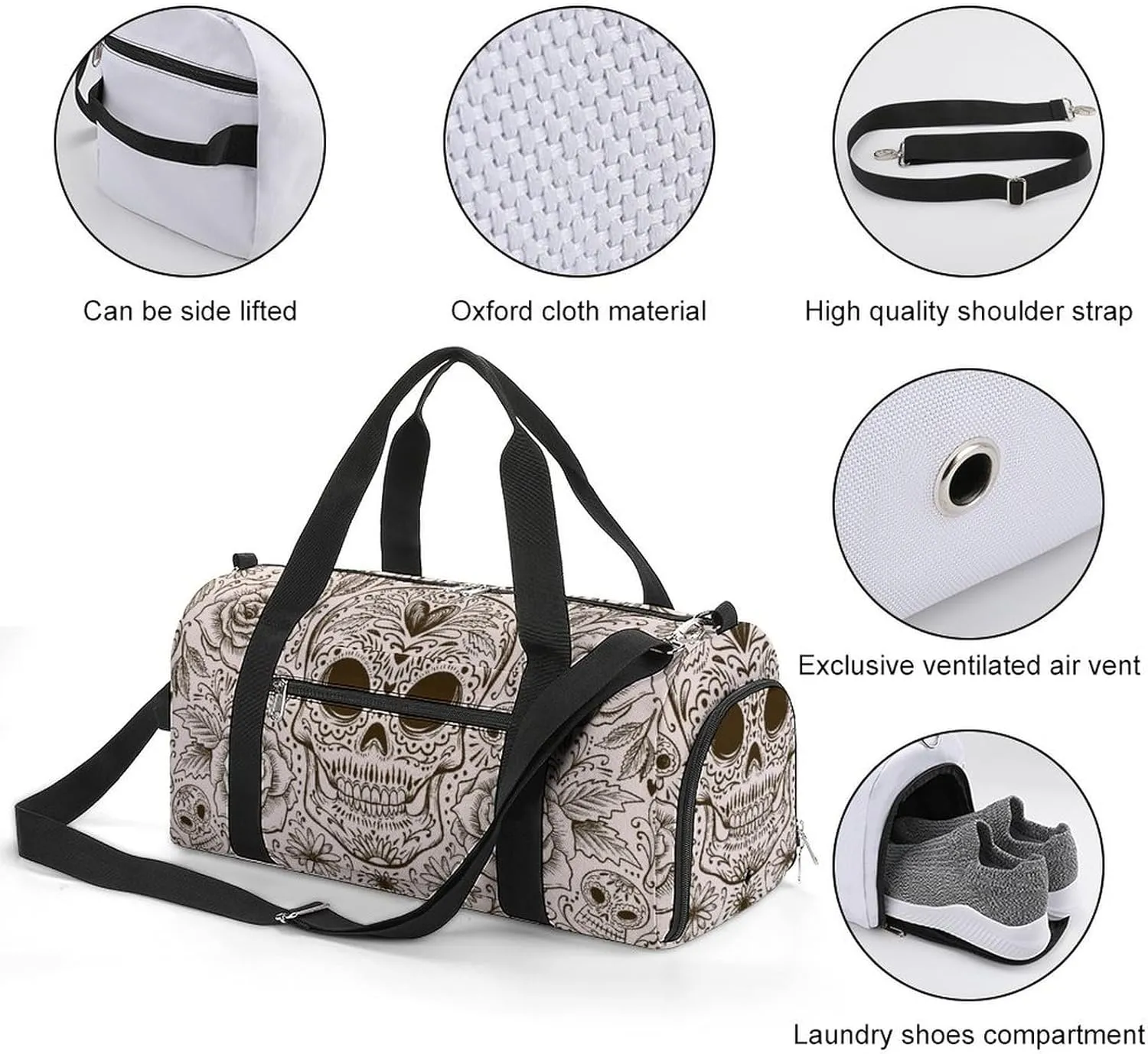 Dias Des Muertos Background Duffel with Shoe Compartment Lightweight Gym Bag for Women Men