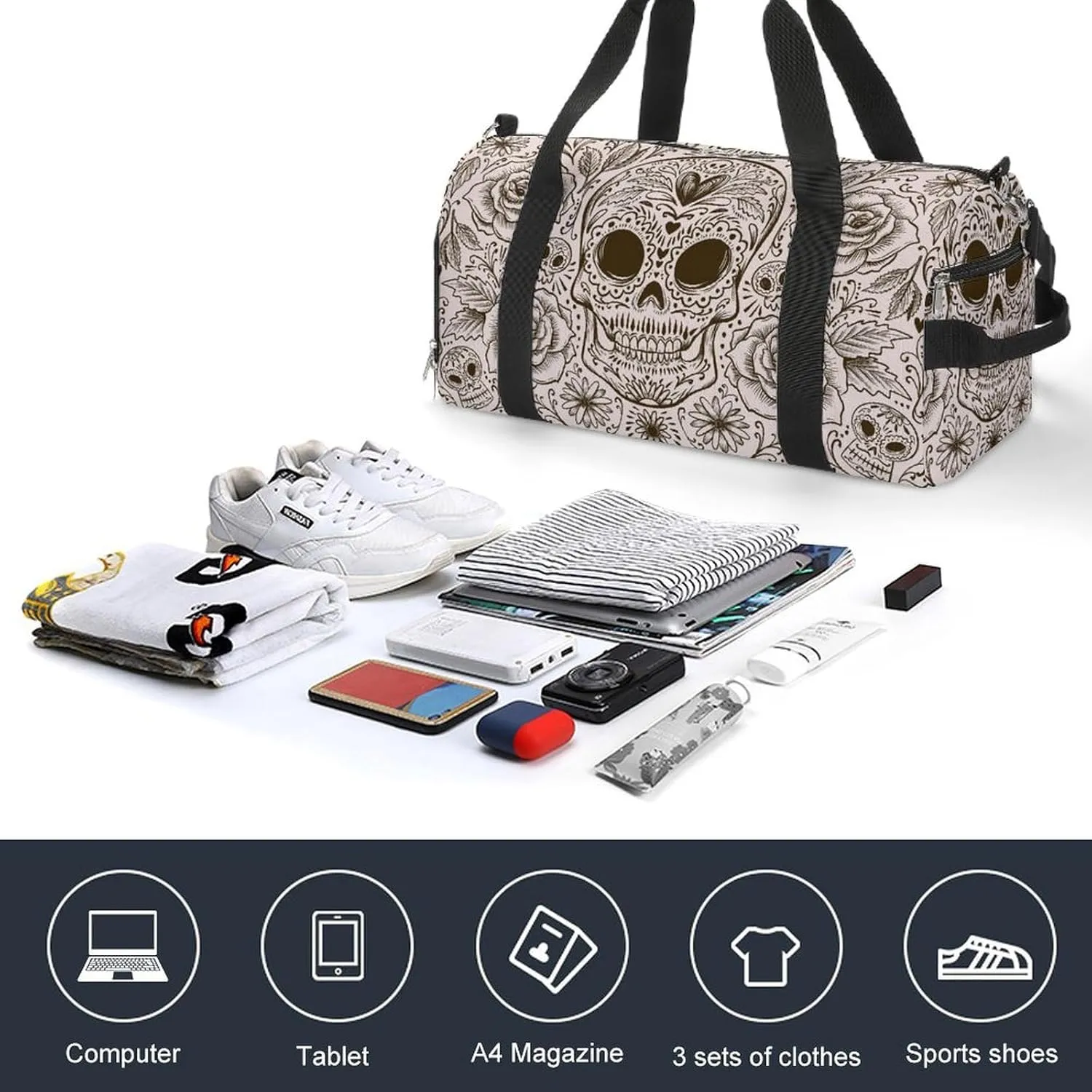 Dias Des Muertos Background Duffel with Shoe Compartment Lightweight Gym Bag for Women Men
