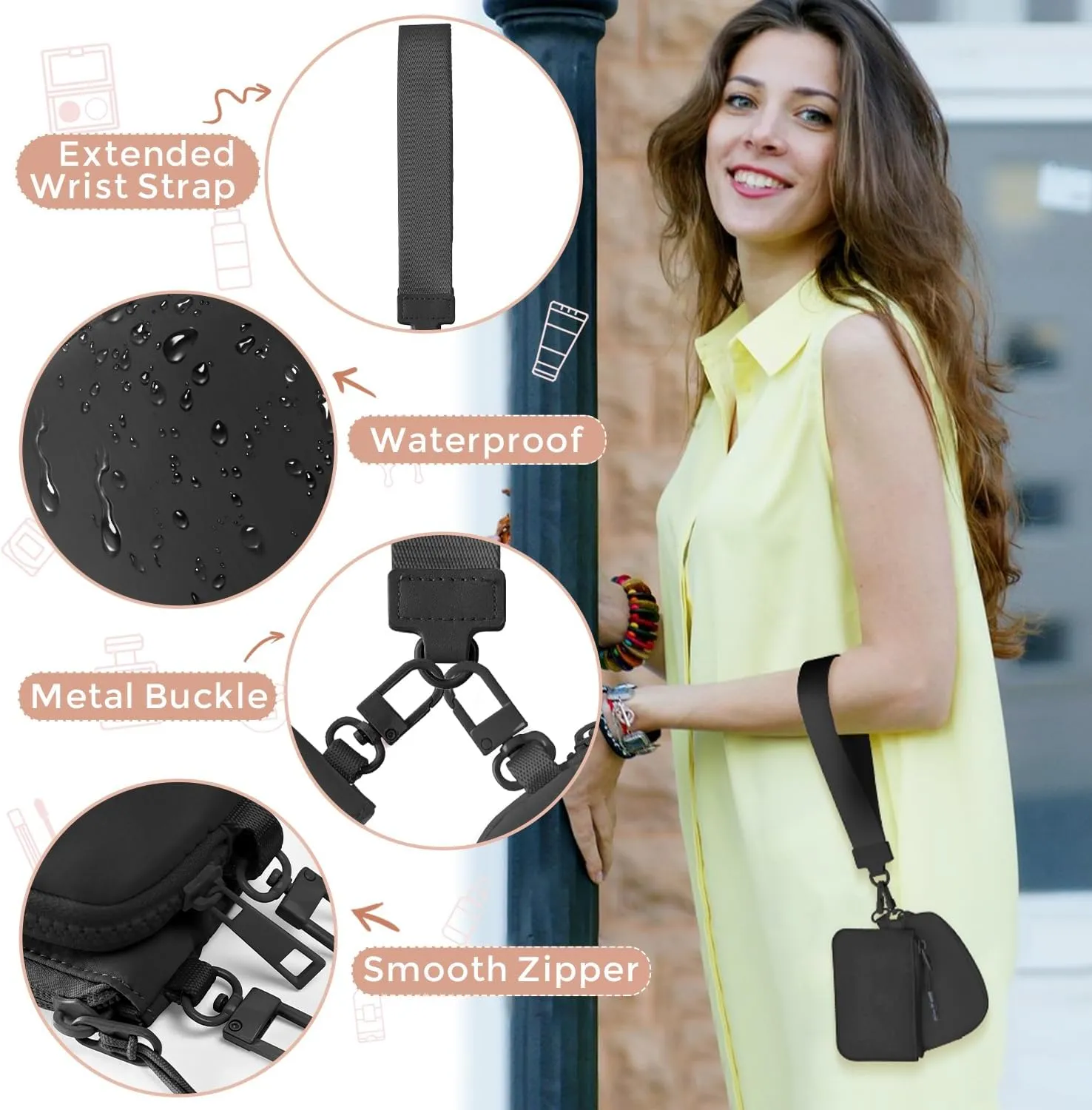 Dual Pouch Wristlet Keychain Wallets for Women with 2 Detachable Zipper Coin Purse - Small and Portable Mini Card Wallet for Women Men Black Black