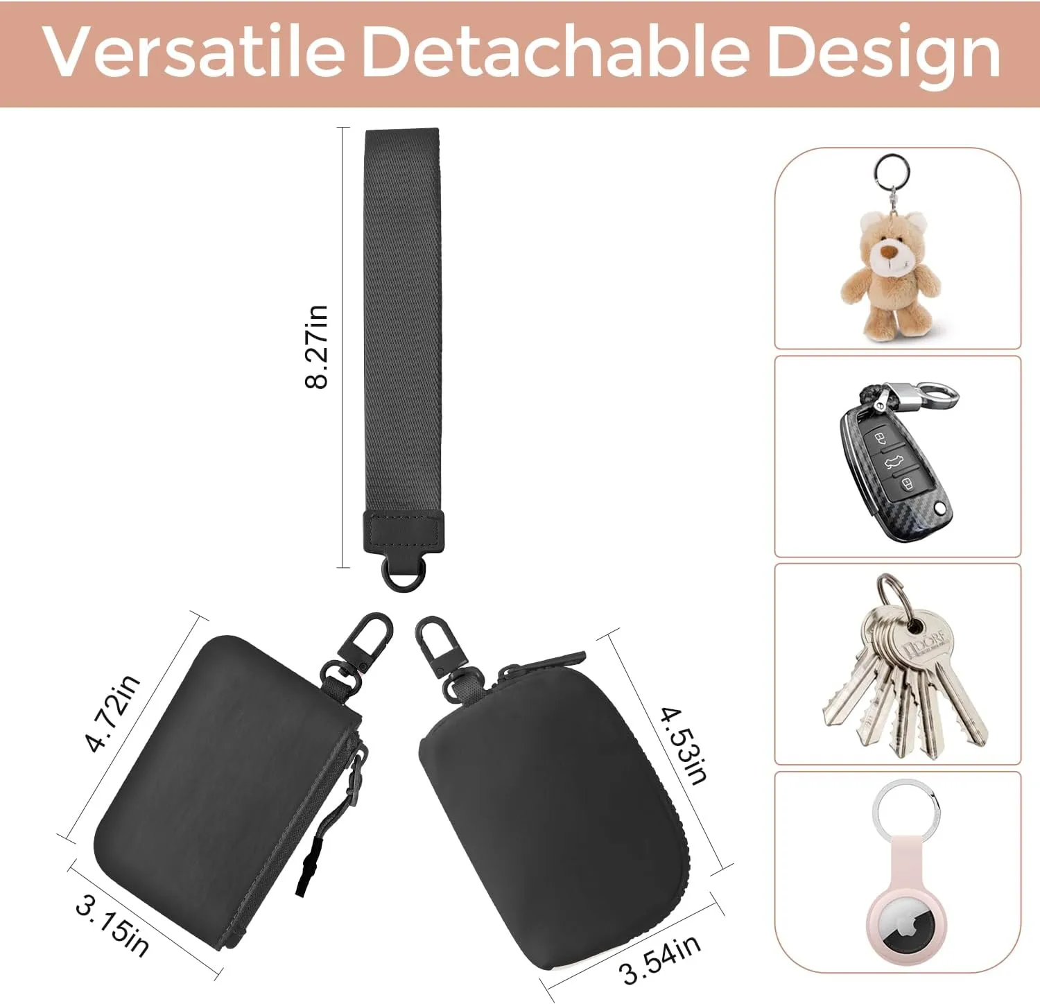 Dual Pouch Wristlet Keychain Wallets for Women with 2 Detachable Zipper Coin Purse - Small and Portable Mini Card Wallet for Women Men Black Black