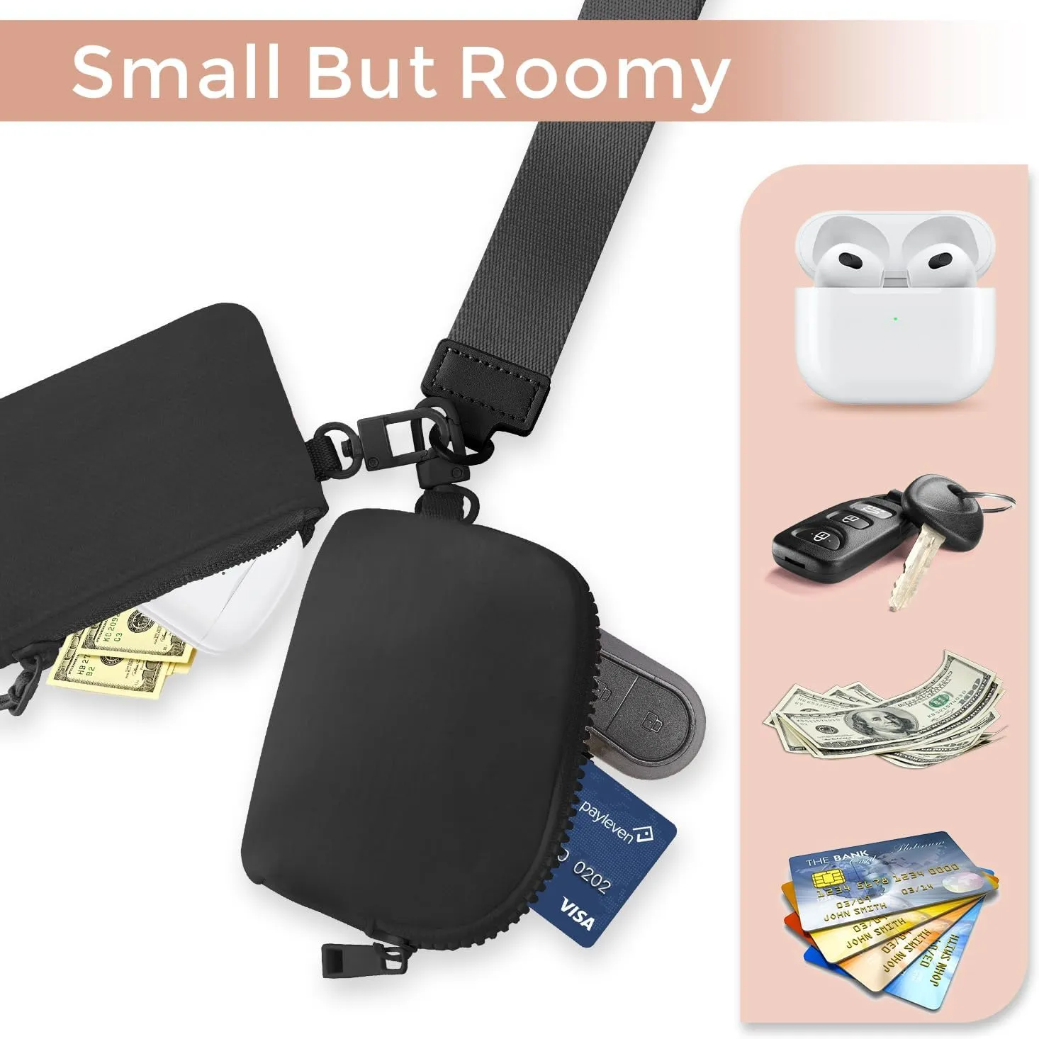 Dual Pouch Wristlet Keychain Wallets for Women with 2 Detachable Zipper Coin Purse - Small and Portable Mini Card Wallet for Women Men Black Black