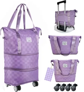 Expandable foldable duffel bag suitcase, detachable rolling wheels,carry-on large duffel bag,luggage bag,suit gym,camping,travel or business trip,Gift for wife and parents-Checkerboard(PURPLE)