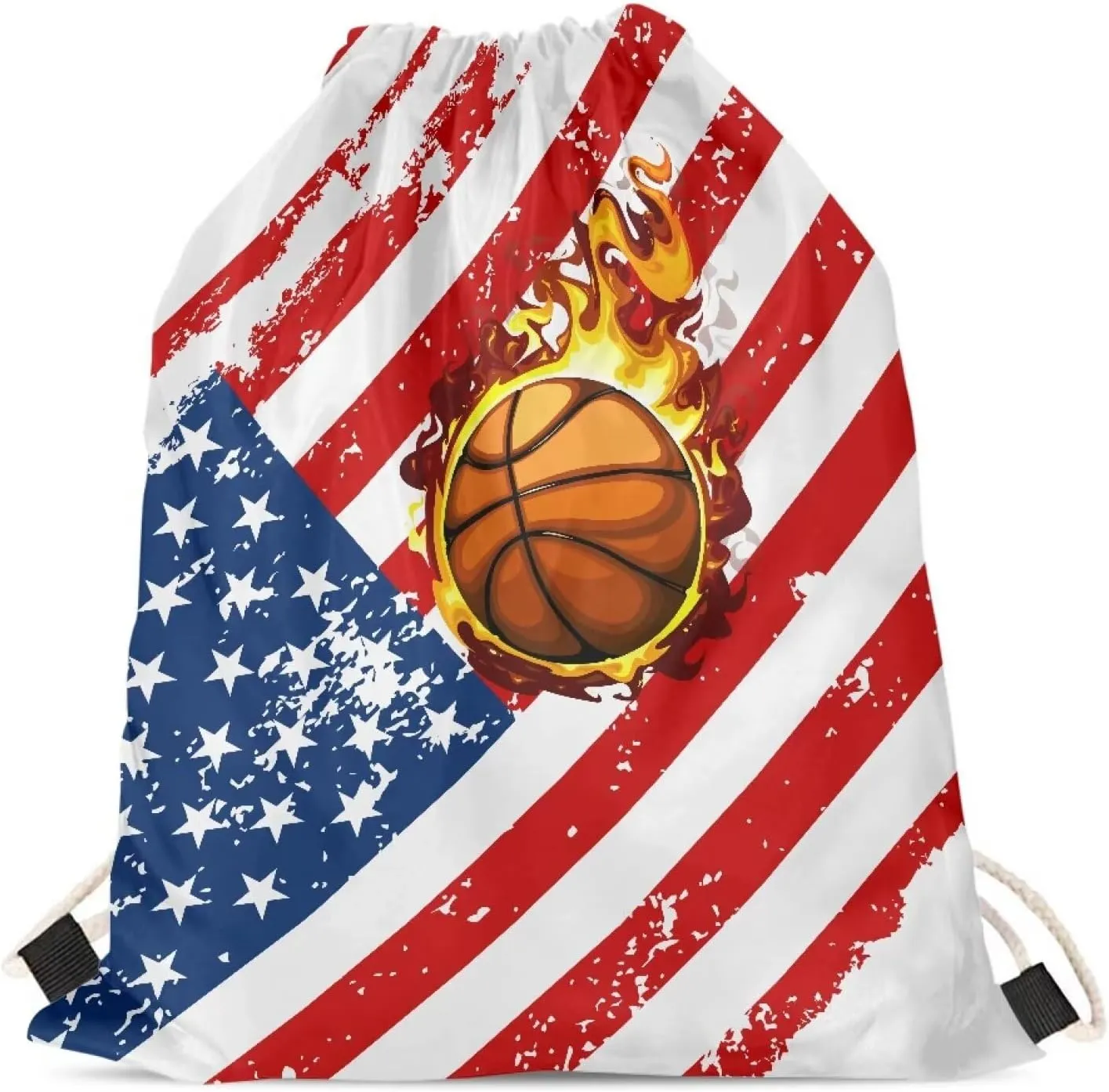 Fire Basketball American Flag Pattern Drawstring Bag Gym Bag Casual Backpack Sport Sackpack for Teenage Students Lightweight Bookbag Sport Bag White