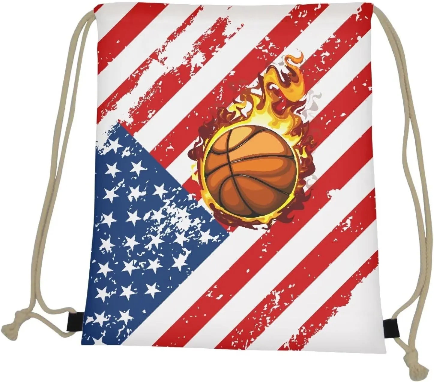 Fire Basketball American Flag Pattern Drawstring Bag Gym Bag Casual Backpack Sport Sackpack for Teenage Students Lightweight Bookbag Sport Bag White