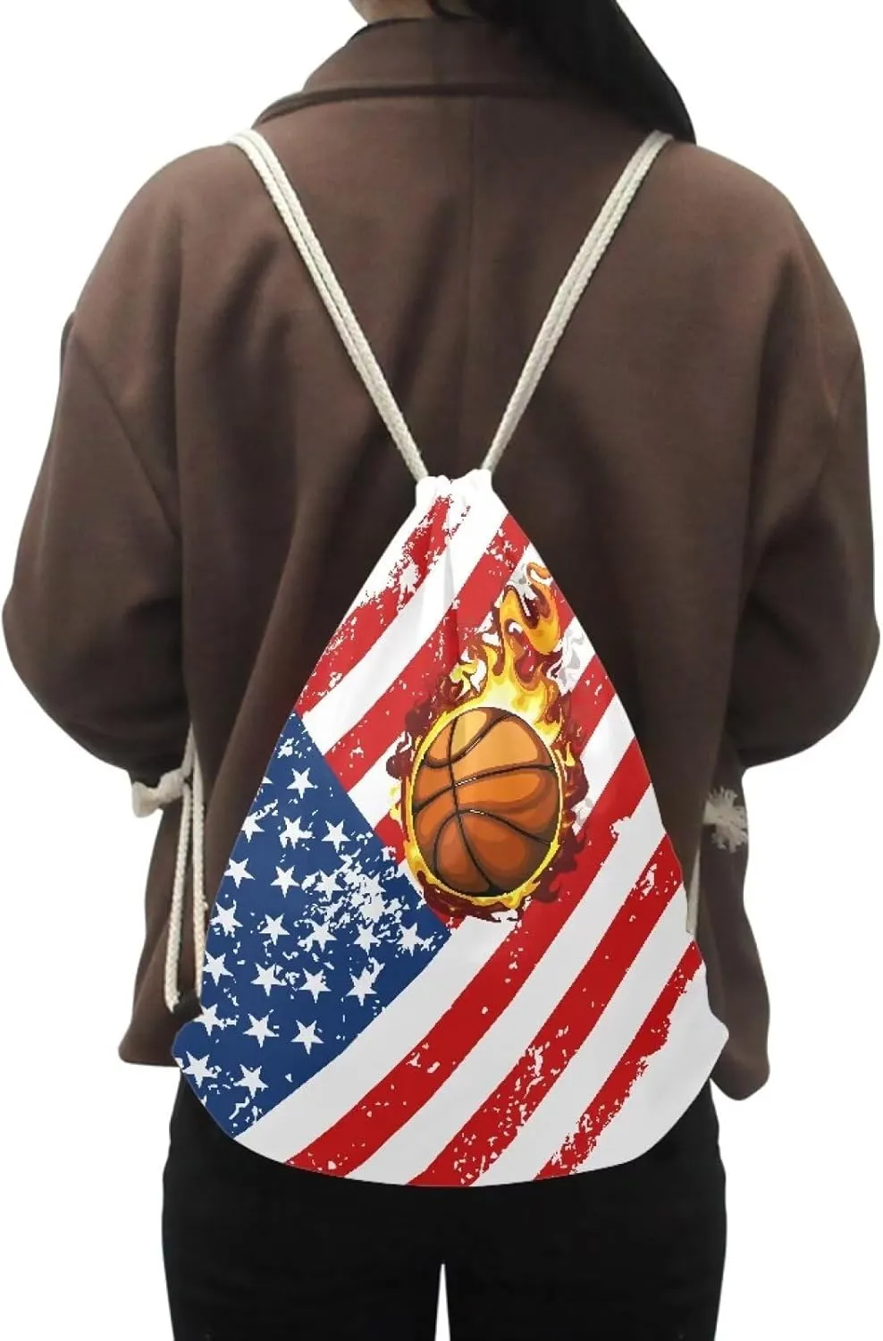 Fire Basketball American Flag Pattern Drawstring Bag Gym Bag Casual Backpack Sport Sackpack for Teenage Students Lightweight Bookbag Sport Bag White