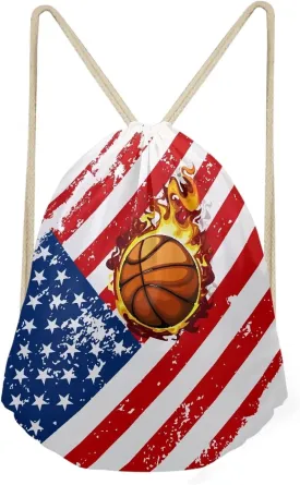 Fire Basketball American Flag Pattern Drawstring Bag Gym Bag Casual Backpack Sport Sackpack for Teenage Students Lightweight Bookbag Sport Bag White