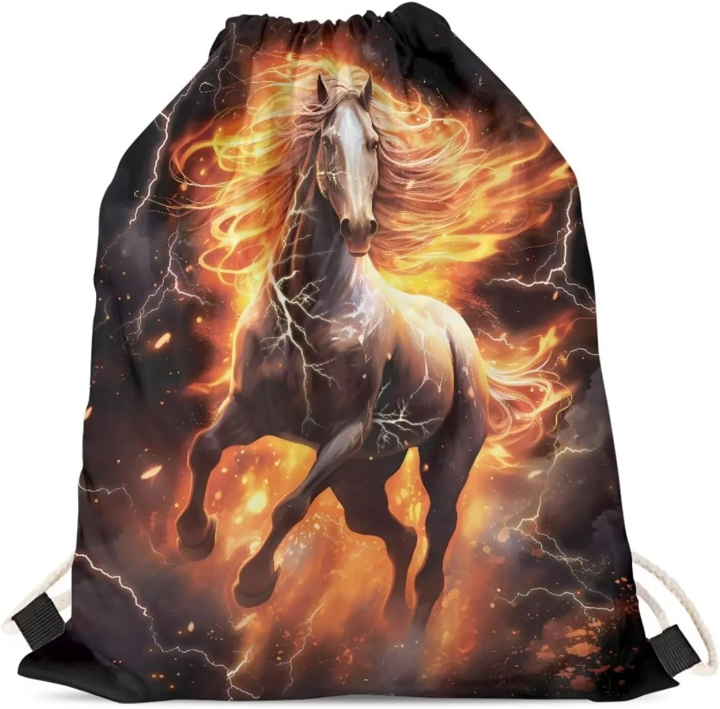 Fire Horse Drawstring Bag Lightweight Gym Sackpack Bulk Casual Bags for Swimming Sport Yoga Bag for Teen Boys Girls Black