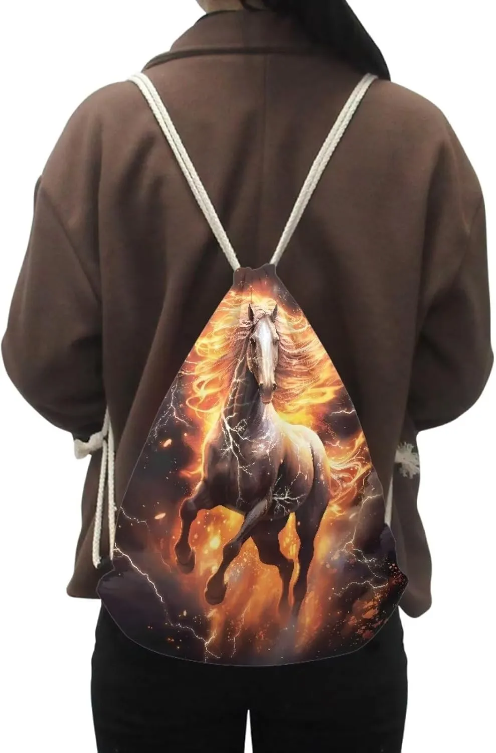 Fire Horse Drawstring Bag Lightweight Gym Sackpack Bulk Casual Bags for Swimming Sport Yoga Bag for Teen Boys Girls Black