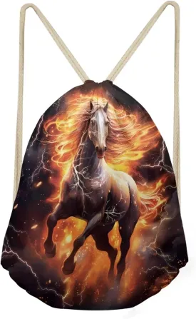 Fire Horse Drawstring Bag Lightweight Gym Sackpack Bulk Casual Bags for Swimming Sport Yoga Bag for Teen Boys Girls Black