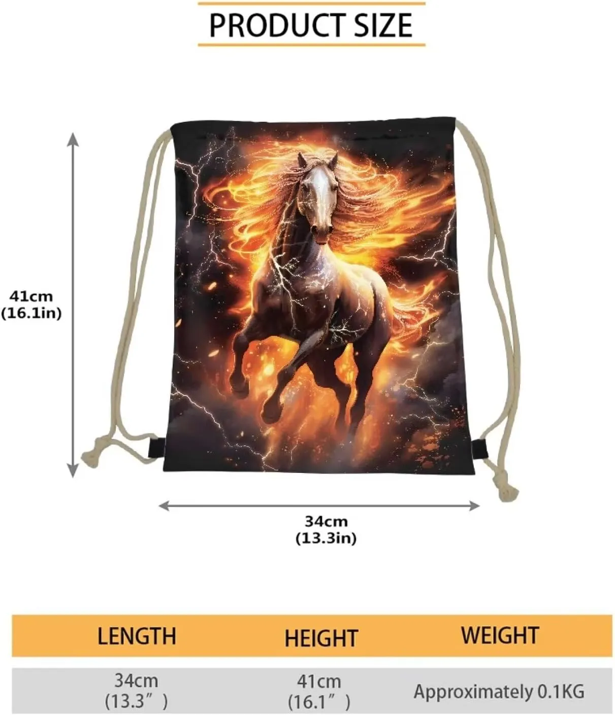Fire Horse Drawstring Bag Lightweight Gym Sackpack Bulk Casual Bags for Swimming Sport Yoga Bag for Teen Boys Girls Black