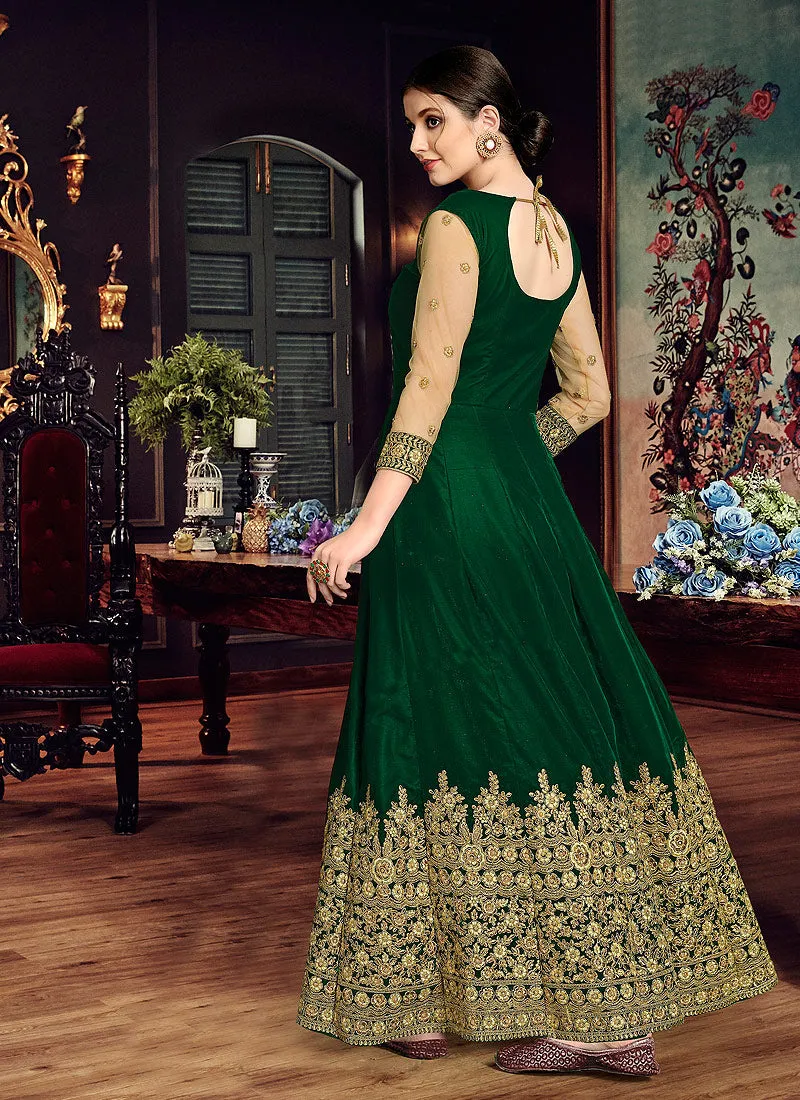 Green And Golden Embroidered Velvet Anarkali Suit