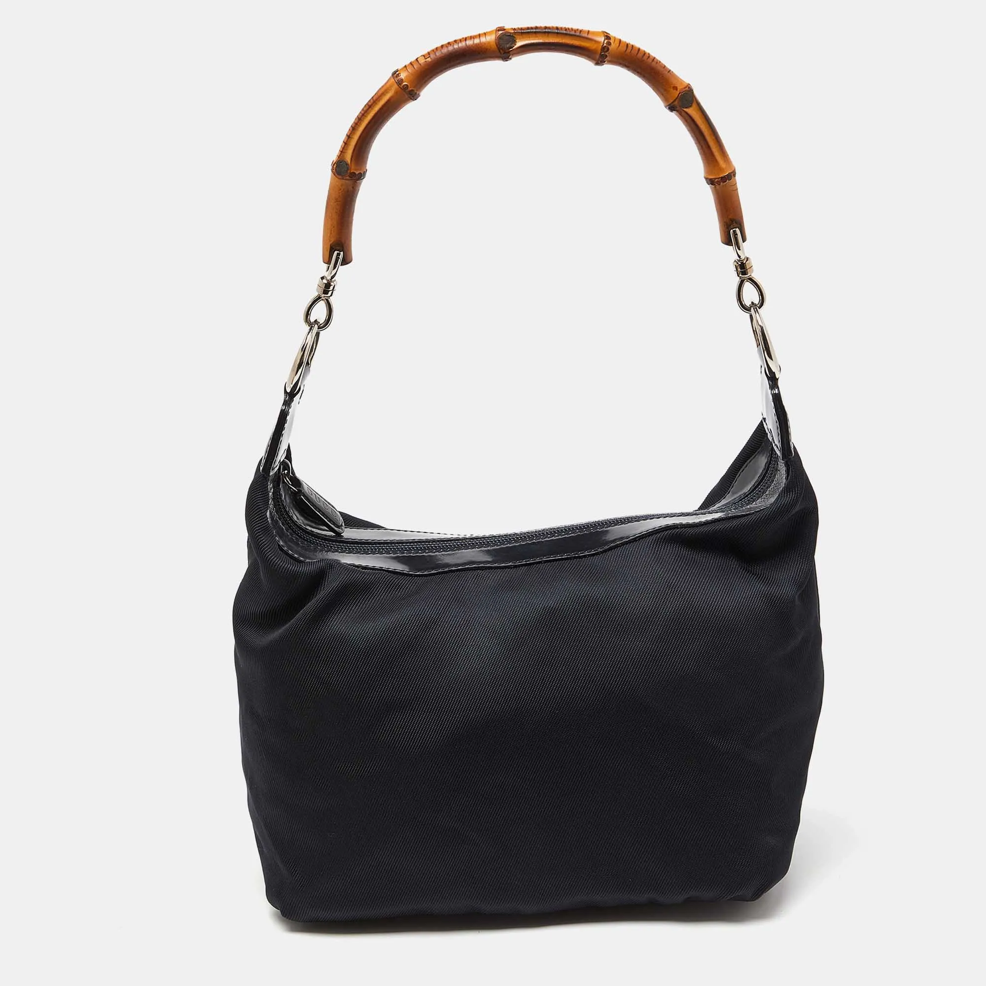 Gucci  Nylon And Patent Leather Bamboo Handle Bag