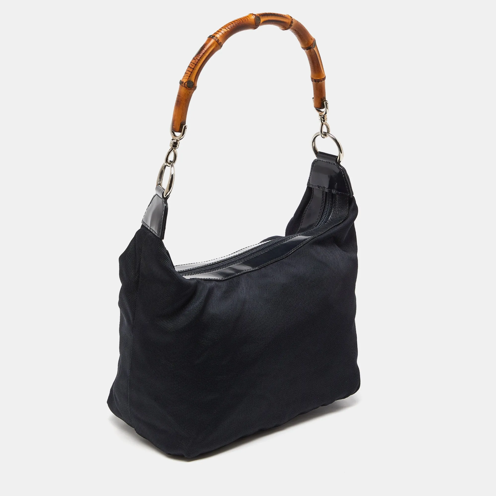 Gucci  Nylon And Patent Leather Bamboo Handle Bag