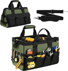 Heavy Duty Tool Bags, 15.5Inch Portable Wide Mouth Tool Box Organizer with 16 Pocket, Soft Handle with Adjustable Shoulder Strap Toolbag Father Day Dad Men Mechanic Birthday Gift