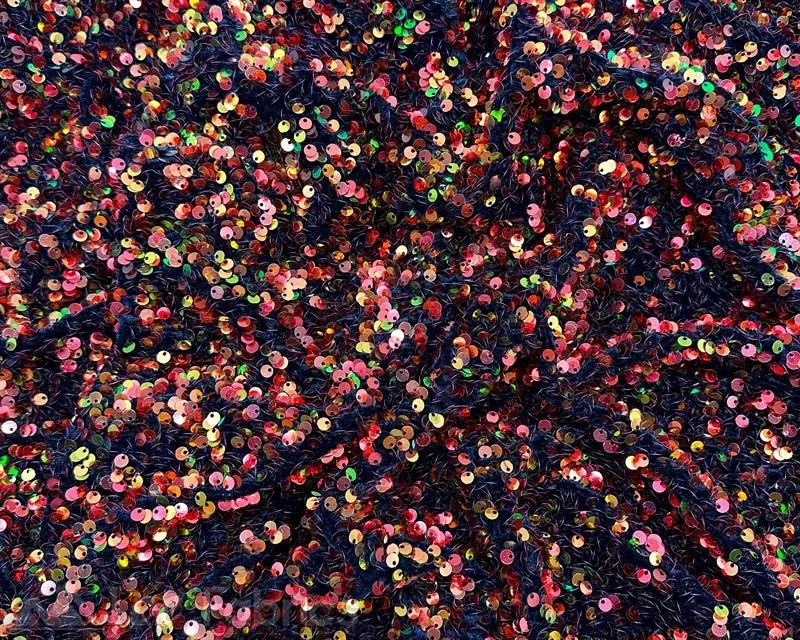 Iridescent Orange on Black Stretch Velvet Sequin Upholstery Fabric All Over Full Sequin