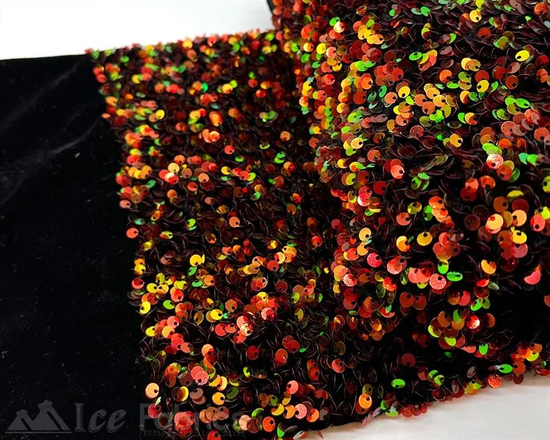 Iridescent Orange on Black Stretch Velvet Sequin Upholstery Fabric All Over Full Sequin