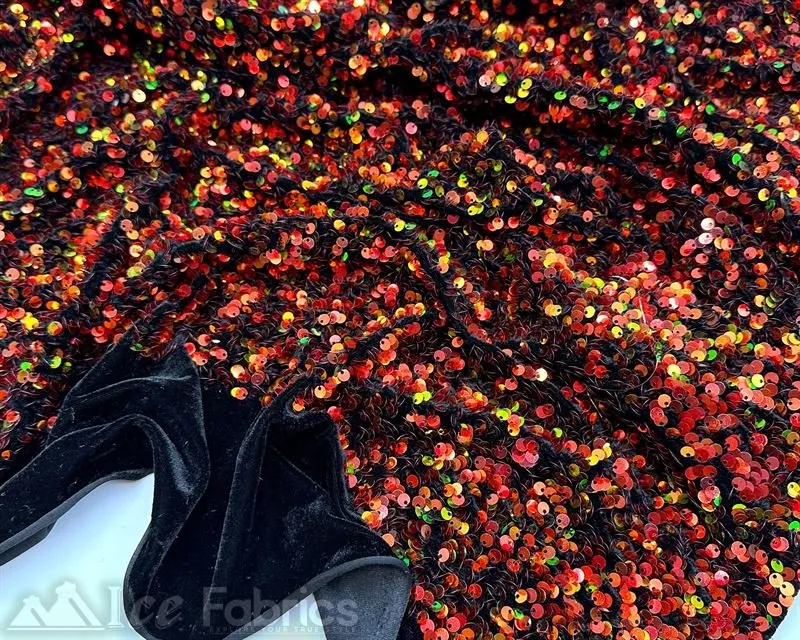 Iridescent Orange on Black Stretch Velvet Sequin Upholstery Fabric All Over Full Sequin