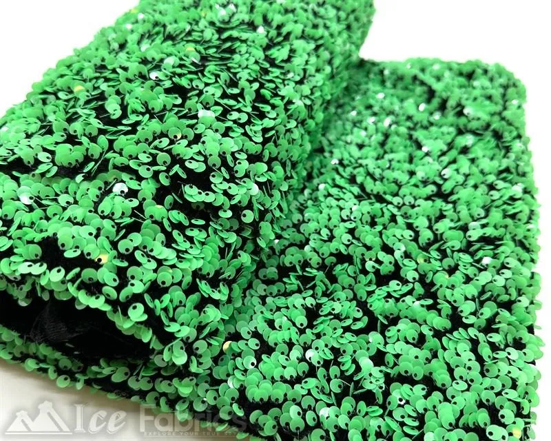 Kelly Green on Green Stretch Velvet Sequin Upholstery Fabric All Over Full Sequin