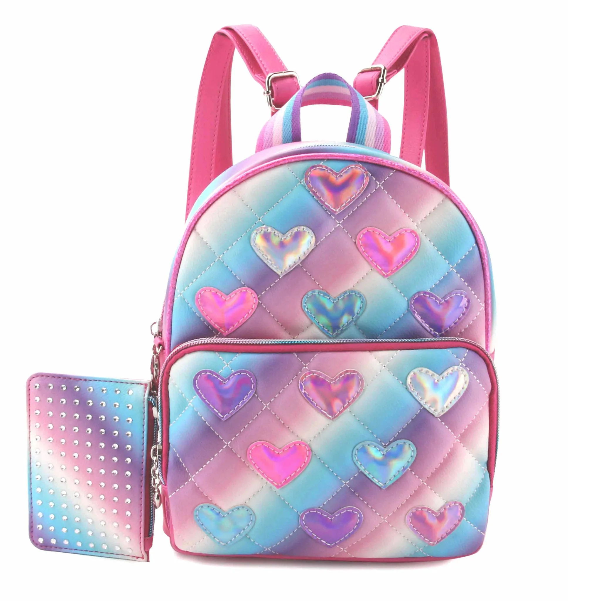 Metallic Heart-Patched Quilted Mini Backpack with Coin Purse