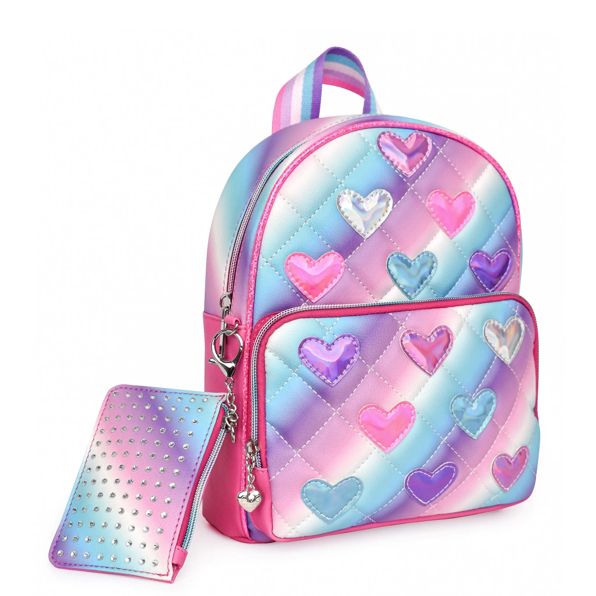 Metallic Heart-Patched Quilted Mini Backpack with Coin Purse