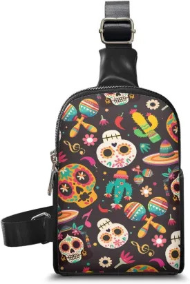 Mexican Pattern Fanny Packs for Women Cross Body Sling Daypack, Sugar Skull Sombrero Cactus Printed Belt Bag Zipper Crossbody Bag for Travel