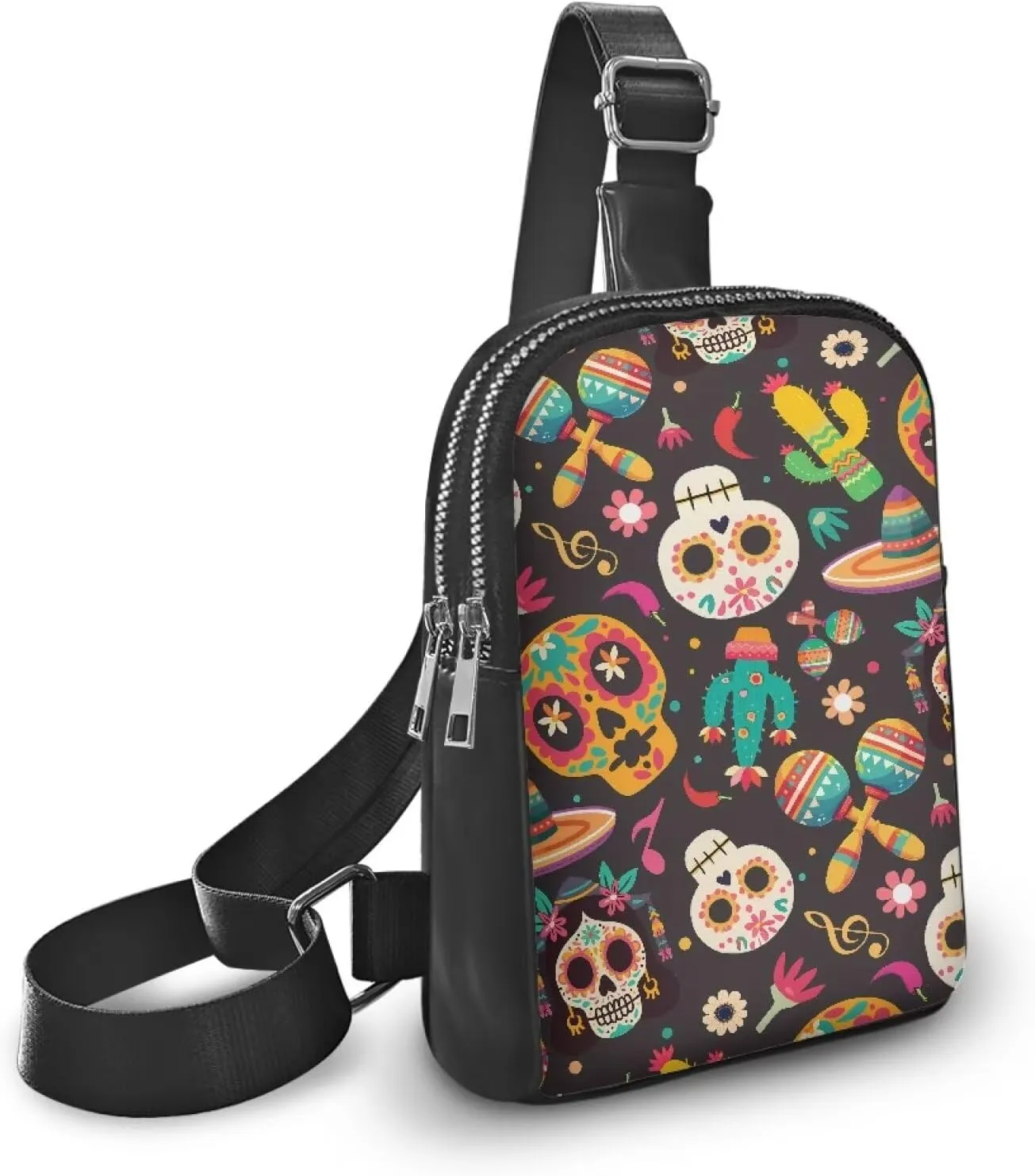 Mexican Pattern Fanny Packs for Women Cross Body Sling Daypack, Sugar Skull Sombrero Cactus Printed Belt Bag Zipper Crossbody Bag for Travel