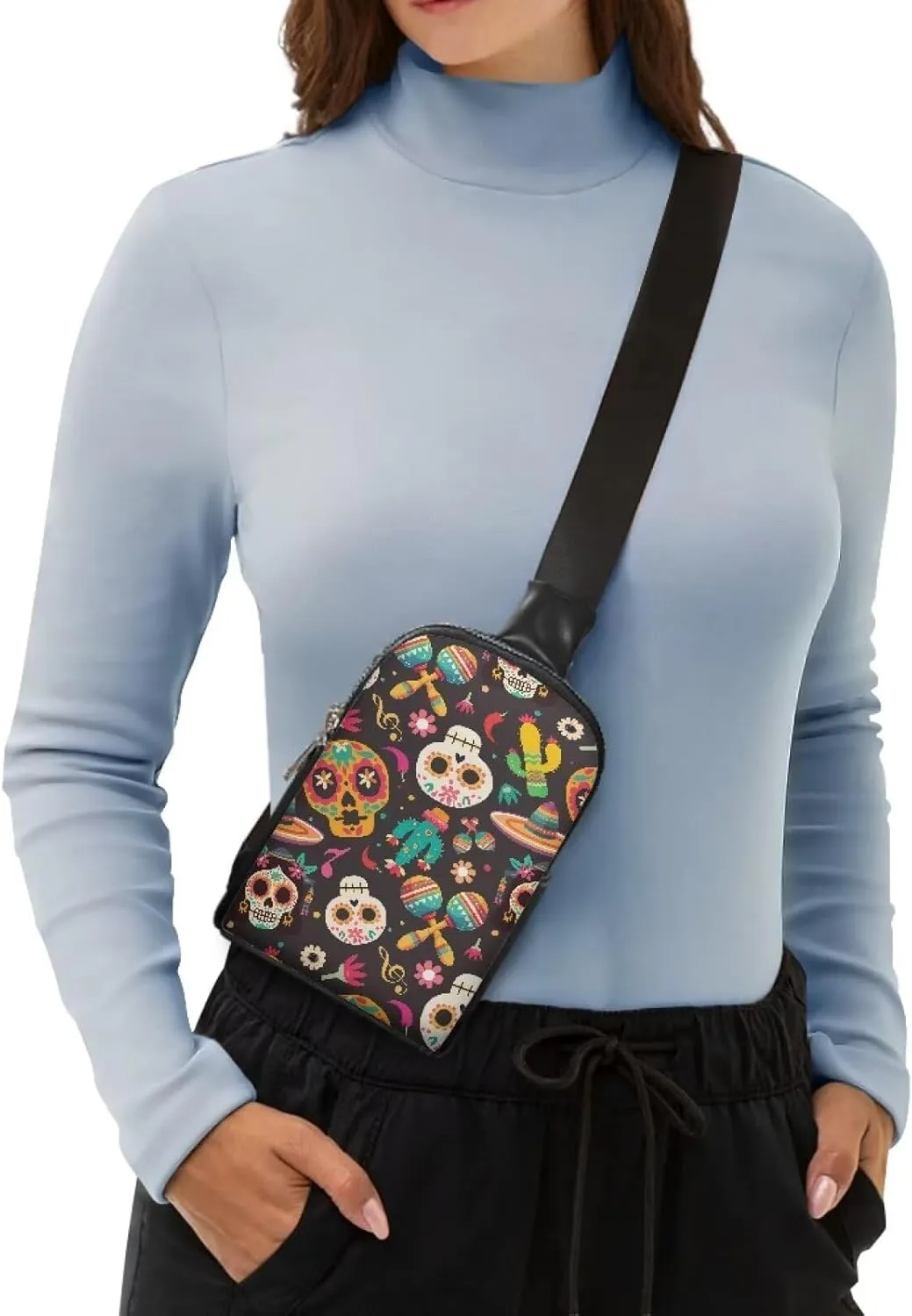 Mexican Pattern Fanny Packs for Women Cross Body Sling Daypack, Sugar Skull Sombrero Cactus Printed Belt Bag Zipper Crossbody Bag for Travel