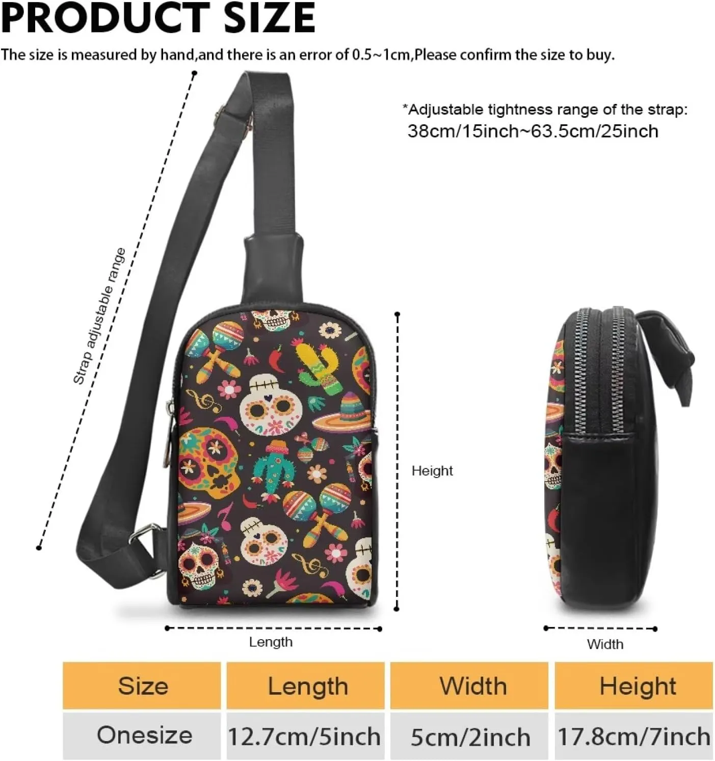 Mexican Pattern Fanny Packs for Women Cross Body Sling Daypack, Sugar Skull Sombrero Cactus Printed Belt Bag Zipper Crossbody Bag for Travel
