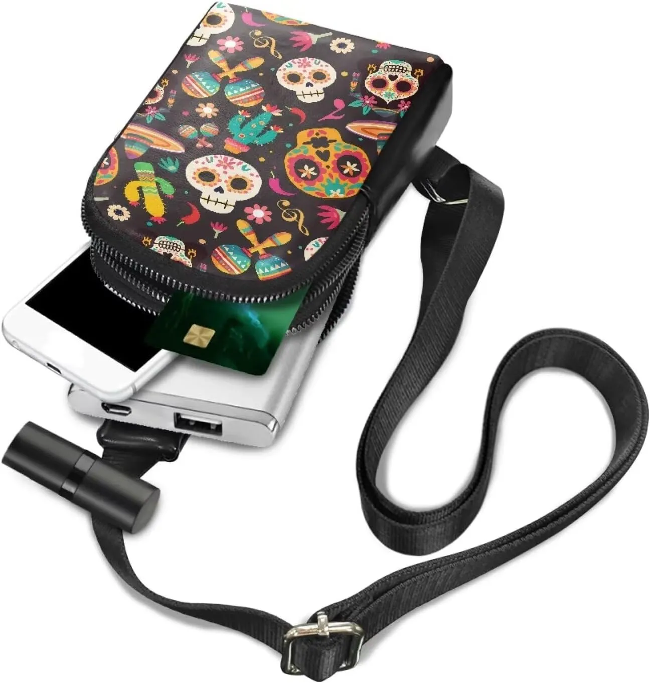 Mexican Pattern Fanny Packs for Women Cross Body Sling Daypack, Sugar Skull Sombrero Cactus Printed Belt Bag Zipper Crossbody Bag for Travel